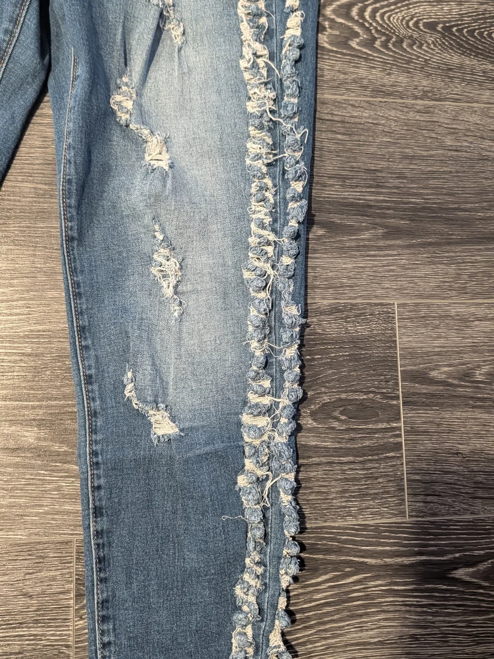 Fashion Nova Blue Ruffled Side Distressed Straight Leg Jeans